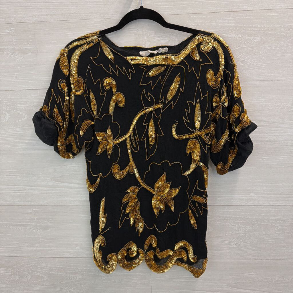 Vintage Swee Lo Black/ Gold Beaded Sequin Short Sleeve Top Small