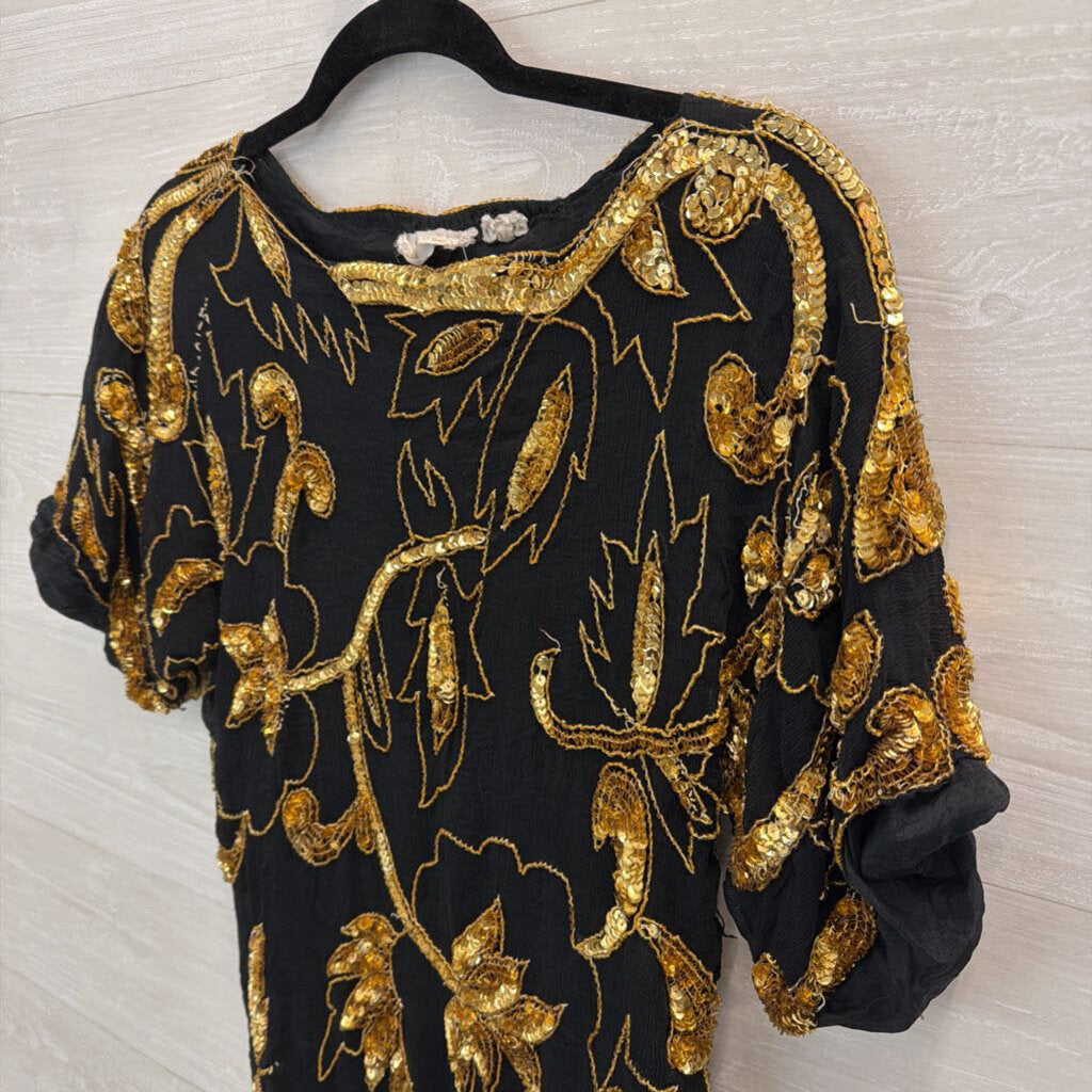 Vintage Swee Lo Black/ Gold Beaded Sequin Short Sleeve Top Small