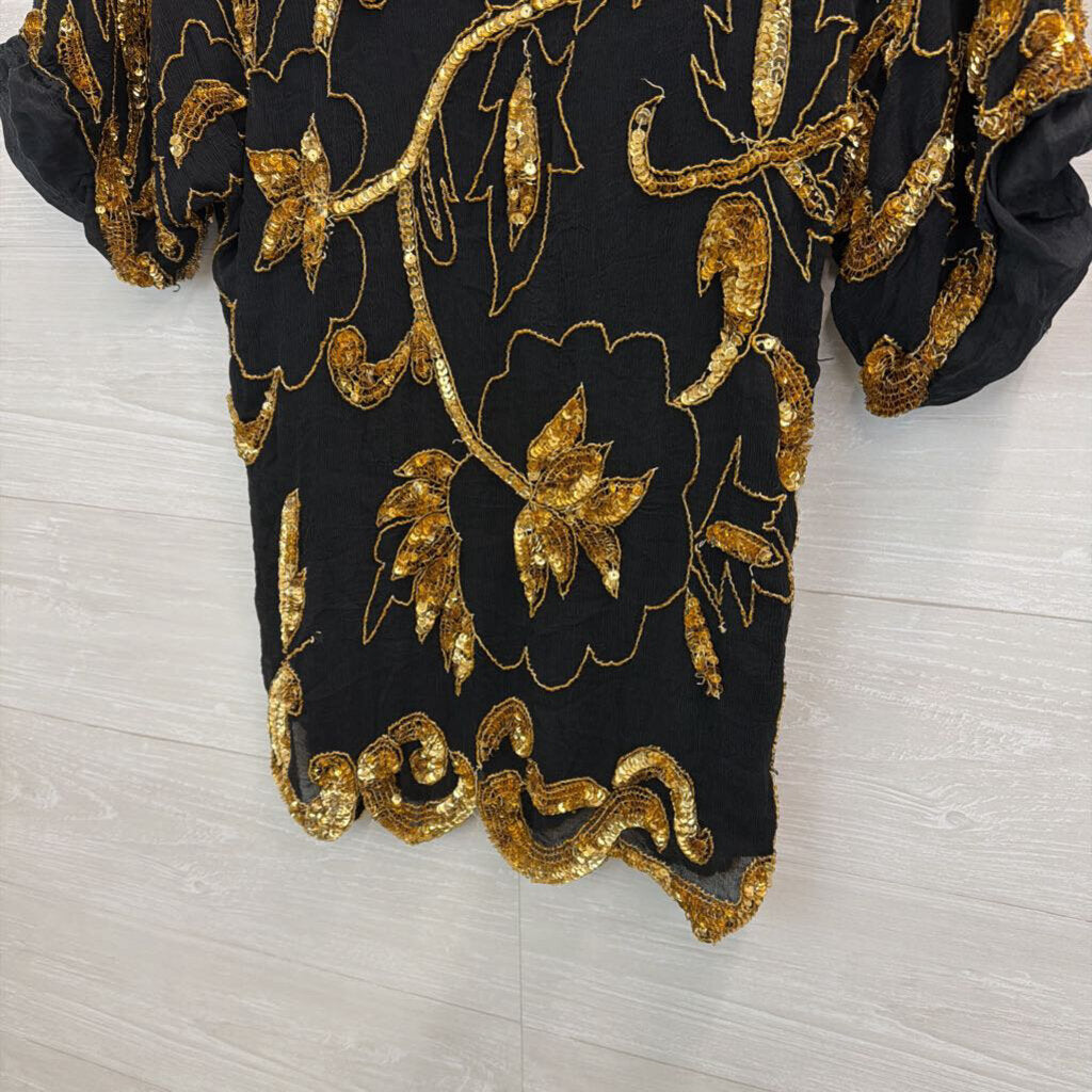 Vintage Swee Lo Black/ Gold Beaded Sequin Short Sleeve Top Small