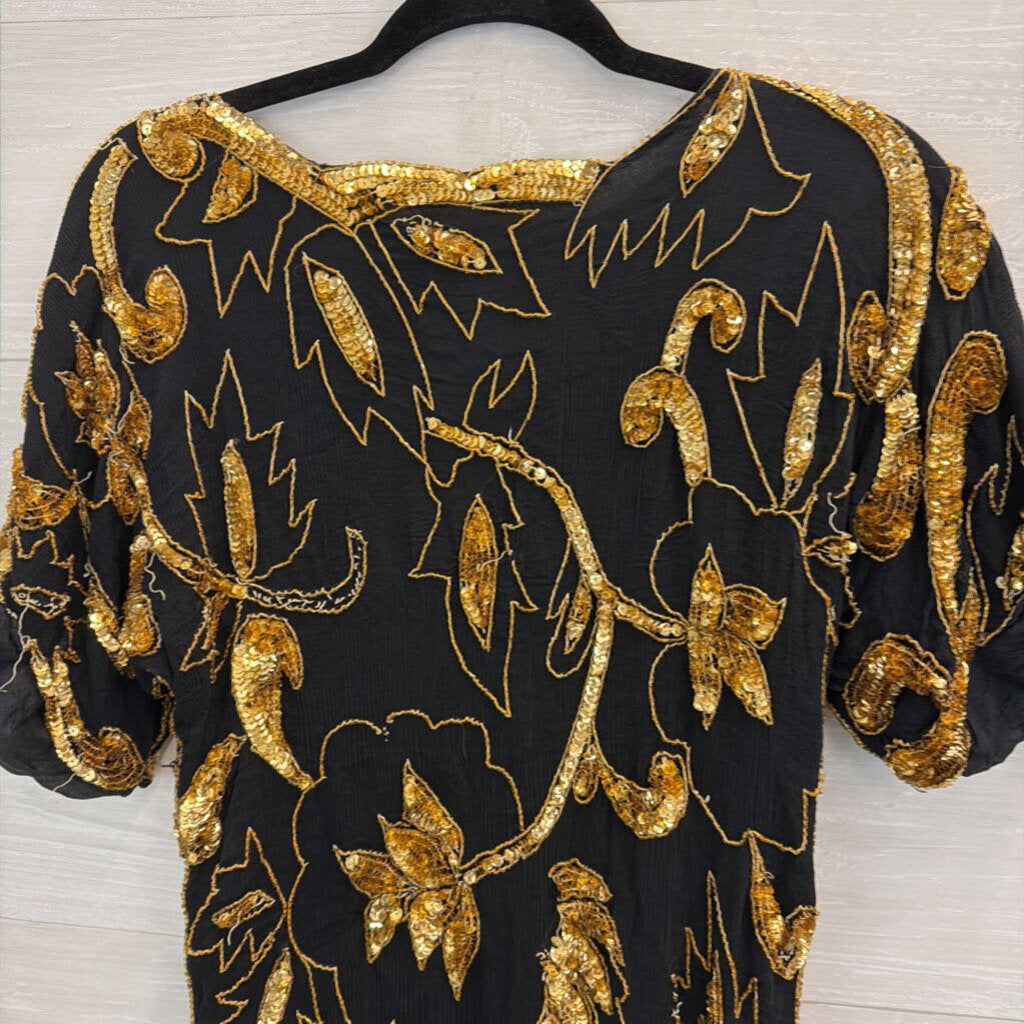 Vintage Swee Lo Black/ Gold Beaded Sequin Short Sleeve Top Small