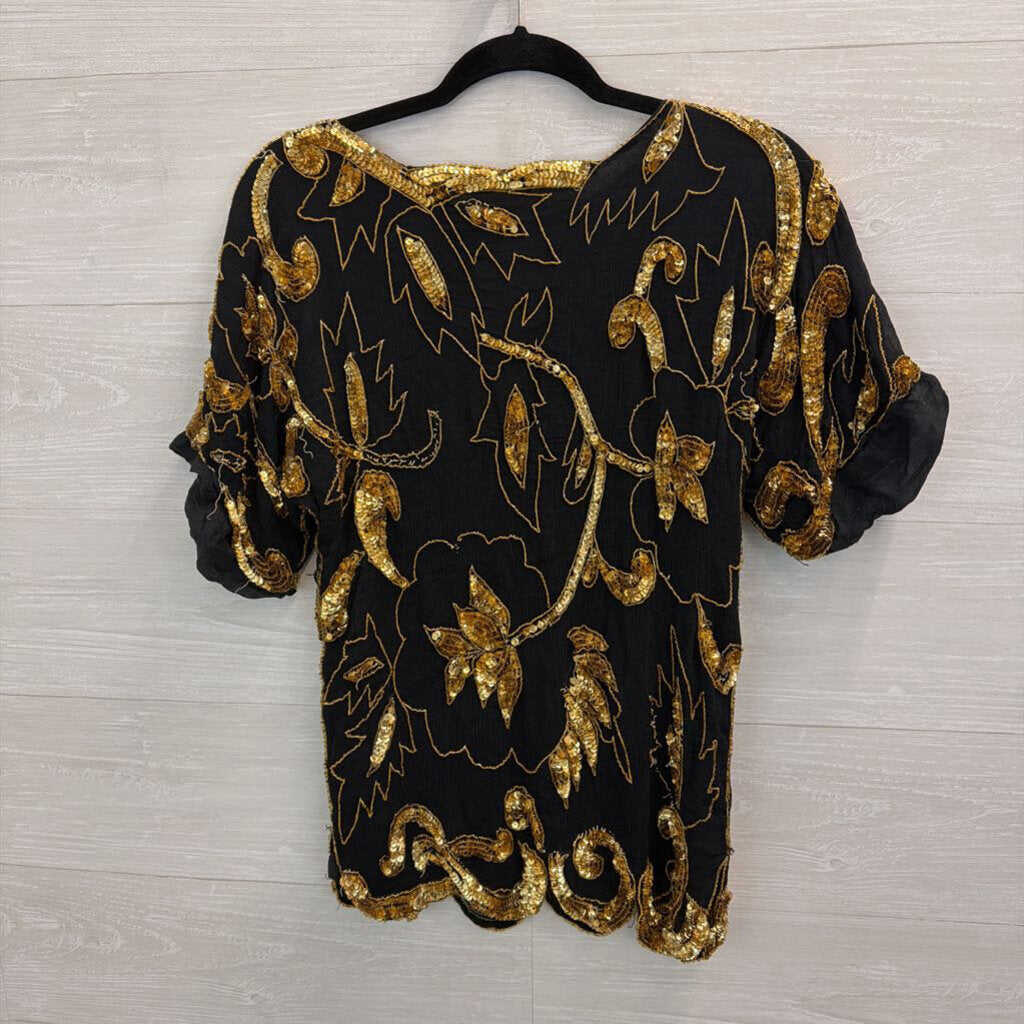 Vintage Swee Lo Black/ Gold Beaded Sequin Short Sleeve Top Small