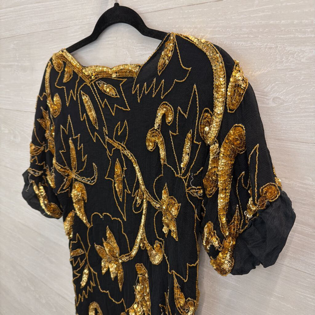 Vintage Swee Lo Black/ Gold Beaded Sequin Short Sleeve Top Small