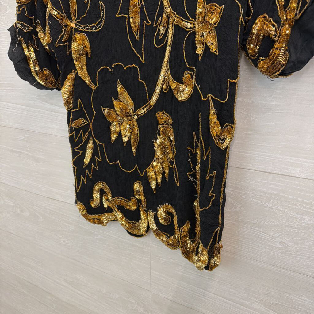 Vintage Swee Lo Black/ Gold Beaded Sequin Short Sleeve Top Small
