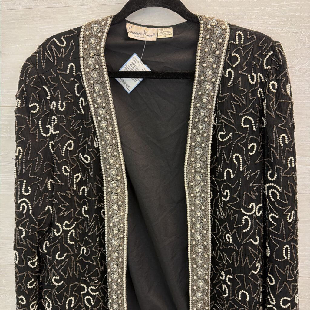 Vintage Laurence Kazar Black/ Silver Beaded Open Front Jacket Top Extra Large