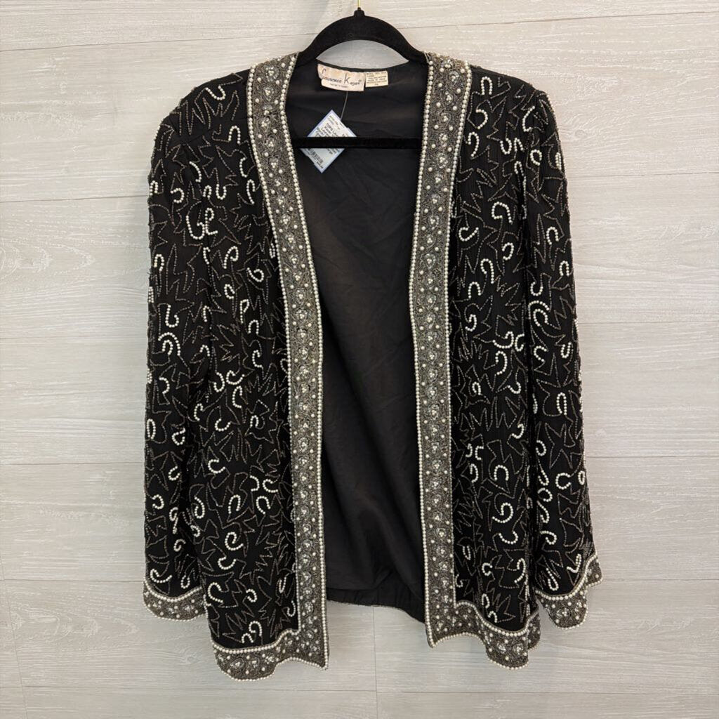 Vintage Laurence Kazar Black/ Silver Beaded Open Front Jacket Top Extra Large