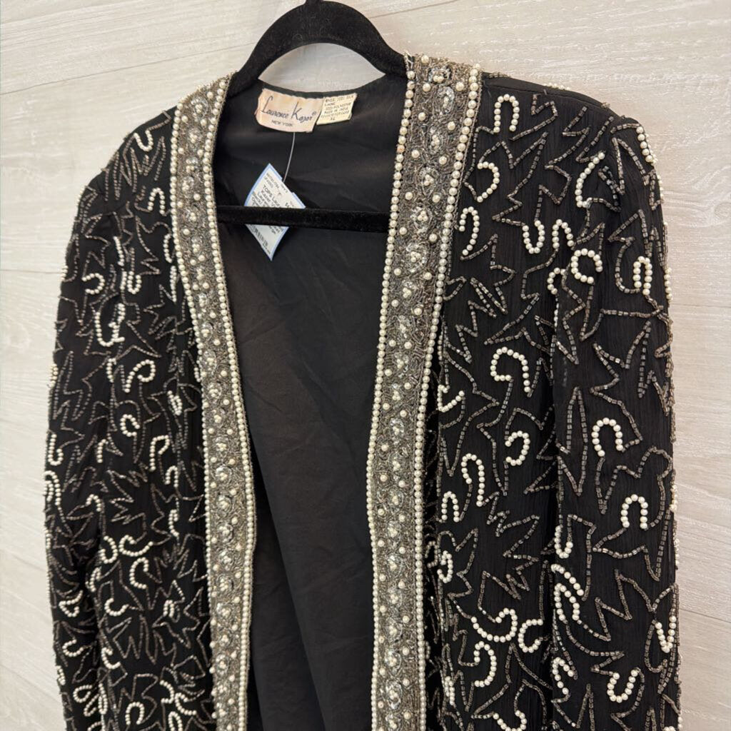 Vintage Laurence Kazar Black/ Silver Beaded Open Front Jacket Top Extra Large