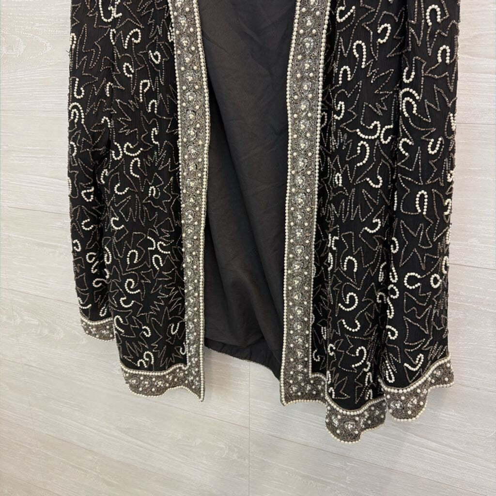 Vintage Laurence Kazar Black/ Silver Beaded Open Front Jacket Top Extra Large