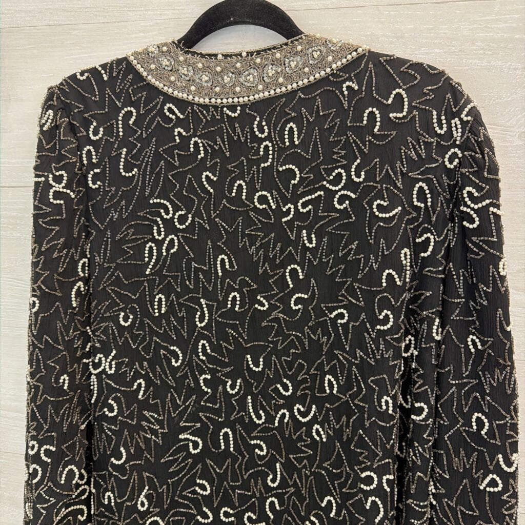 Vintage Laurence Kazar Black/ Silver Beaded Open Front Jacket Top Extra Large