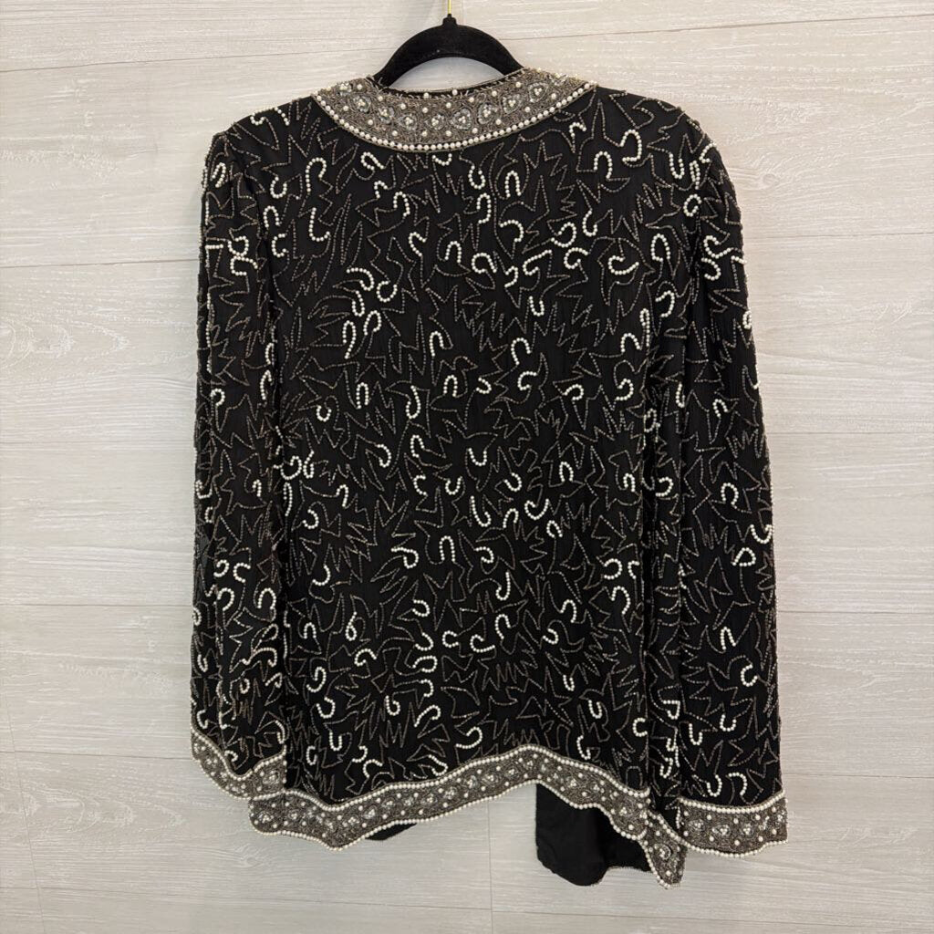 Vintage Laurence Kazar Black/ Silver Beaded Open Front Jacket Top Extra Large