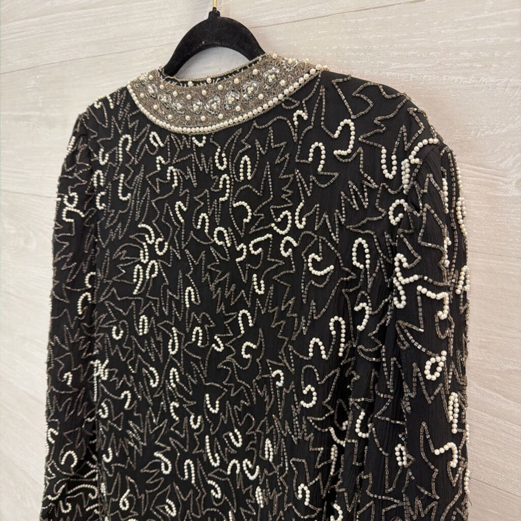 Vintage Laurence Kazar Black/ Silver Beaded Open Front Jacket Top Extra Large