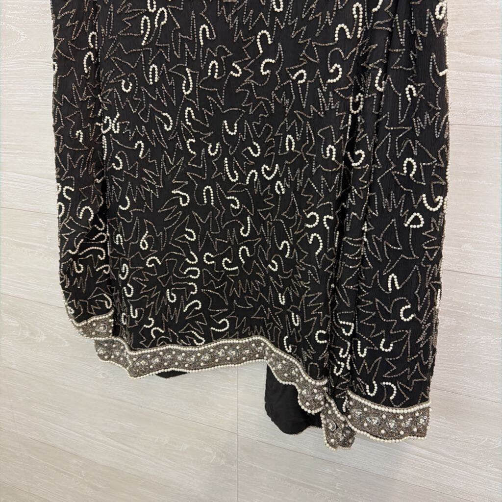 Vintage Laurence Kazar Black/ Silver Beaded Open Front Jacket Top Extra Large