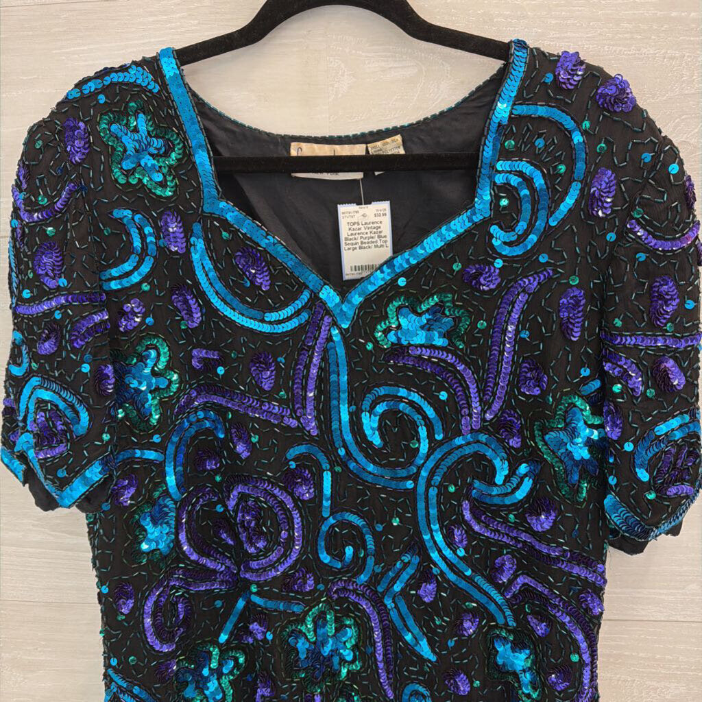 Vintage Laurence Kazar Black/ Purple/ Blue Sequin Beaded Top Large