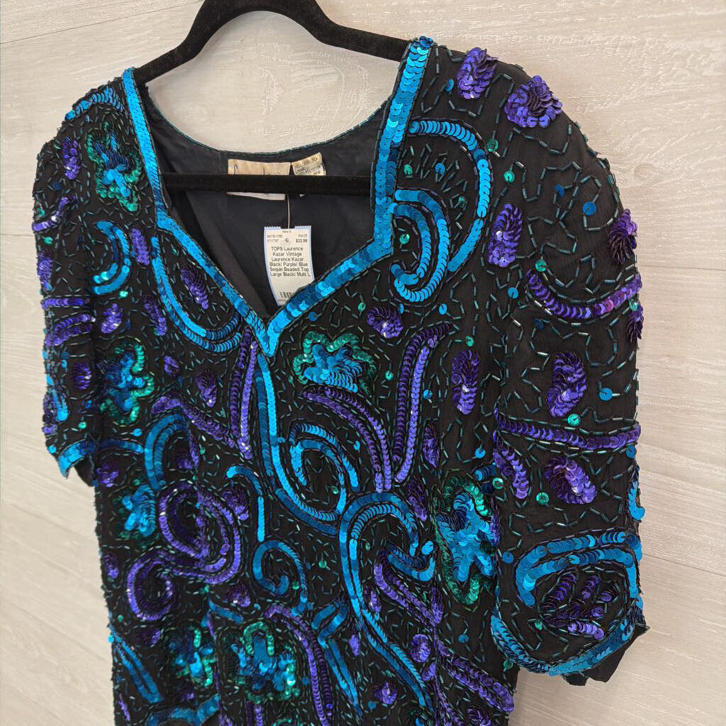 Vintage Laurence Kazar Black/ Purple/ Blue Sequin Beaded Top Large