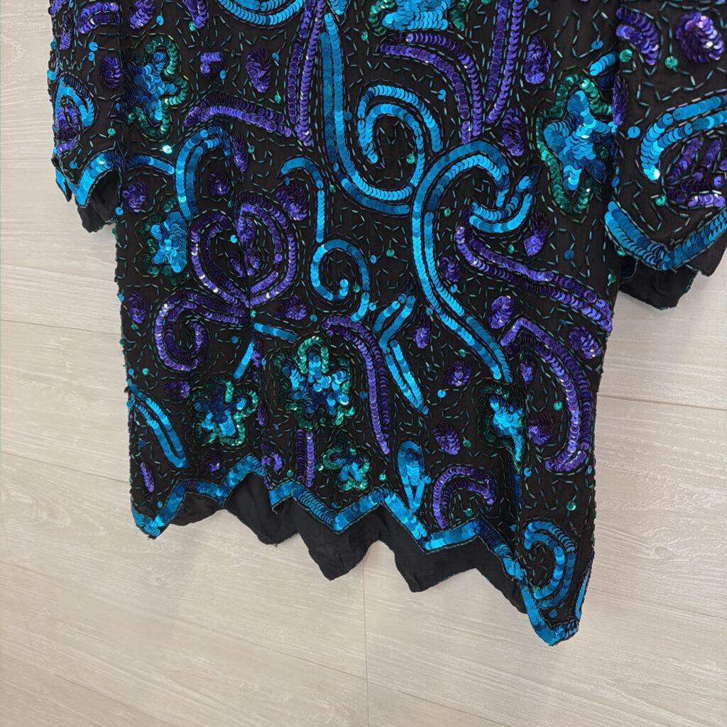 Vintage Laurence Kazar Black/ Purple/ Blue Sequin Beaded Top Large