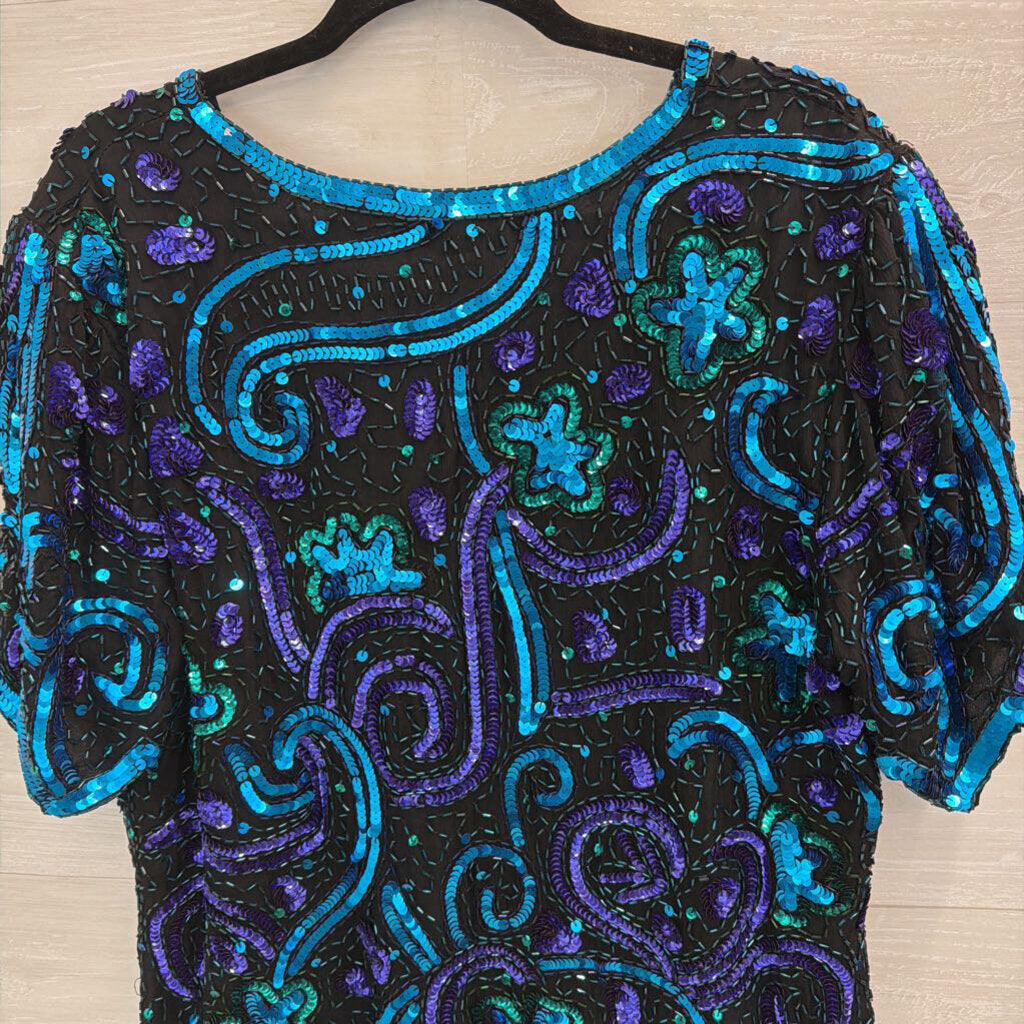 Vintage Laurence Kazar Black/ Purple/ Blue Sequin Beaded Top Large