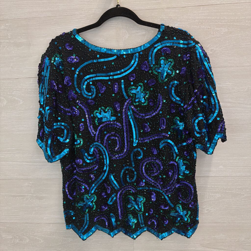 Vintage Laurence Kazar Black/ Purple/ Blue Sequin Beaded Top Large