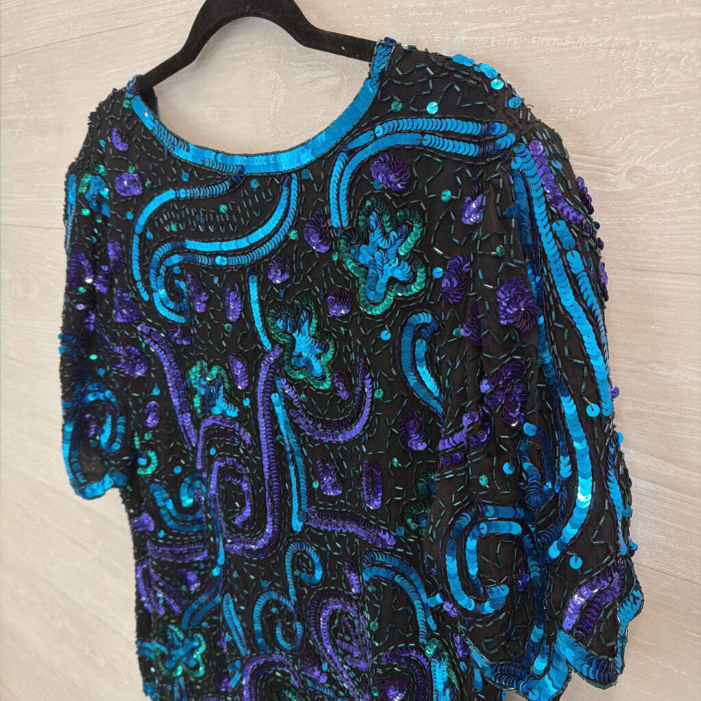 Vintage Laurence Kazar Black/ Purple/ Blue Sequin Beaded Top Large
