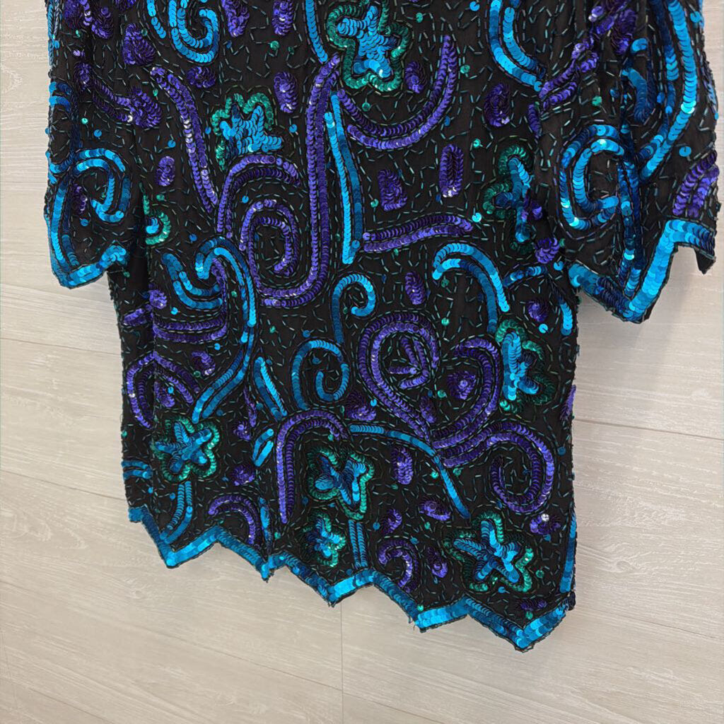 Vintage Laurence Kazar Black/ Purple/ Blue Sequin Beaded Top Large