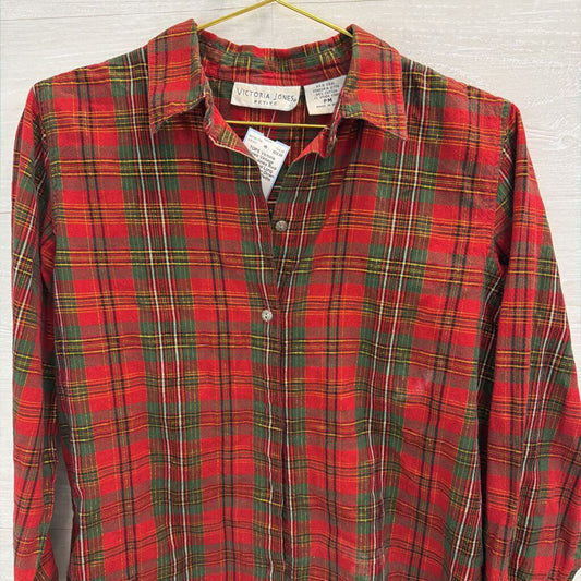 Vintage Victoria Jones Red/ Green Plaid Long Sleeve Button Down Top Medium Petite