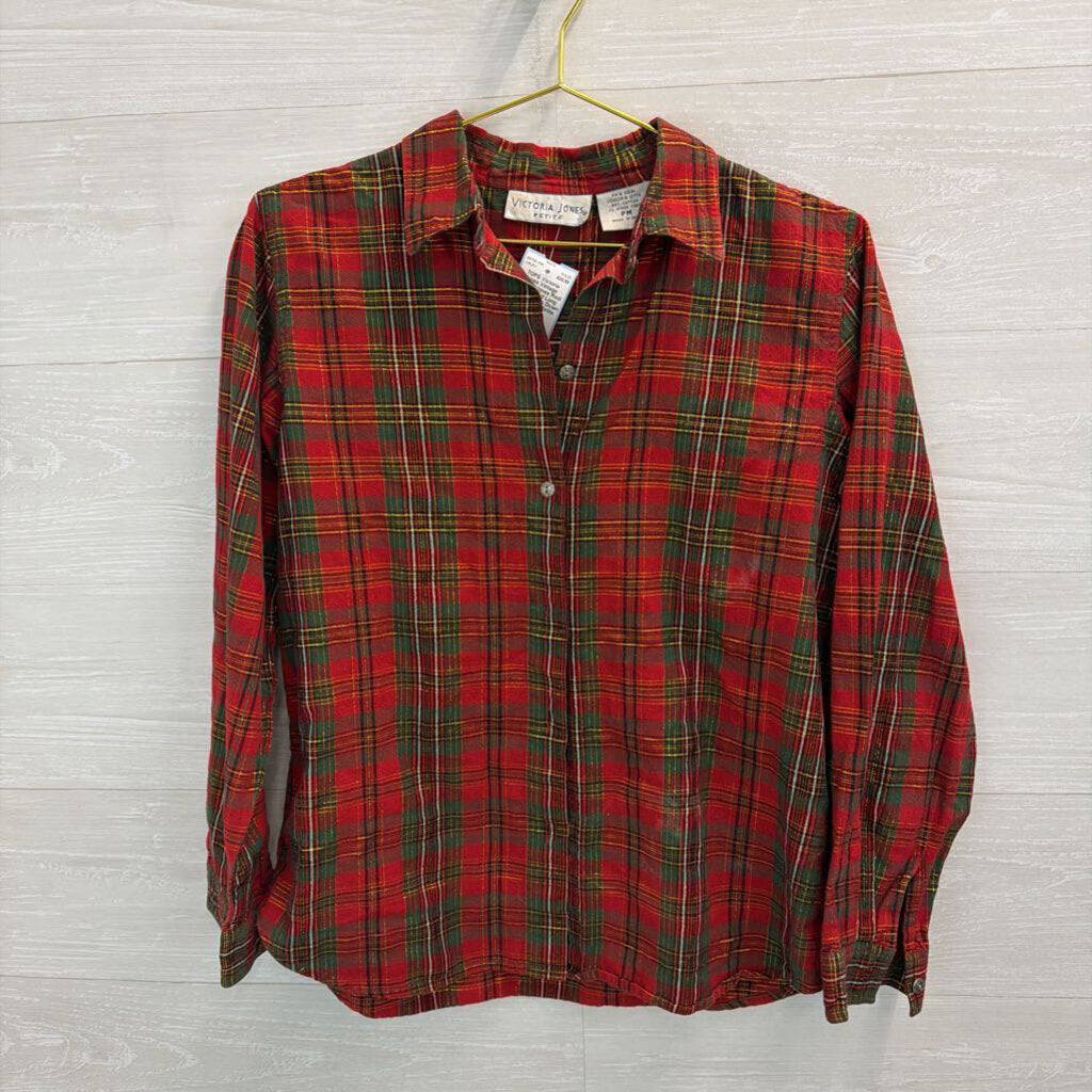 Vintage Victoria Jones Red/ Green Plaid Long Sleeve Button Down Top Medium Petite