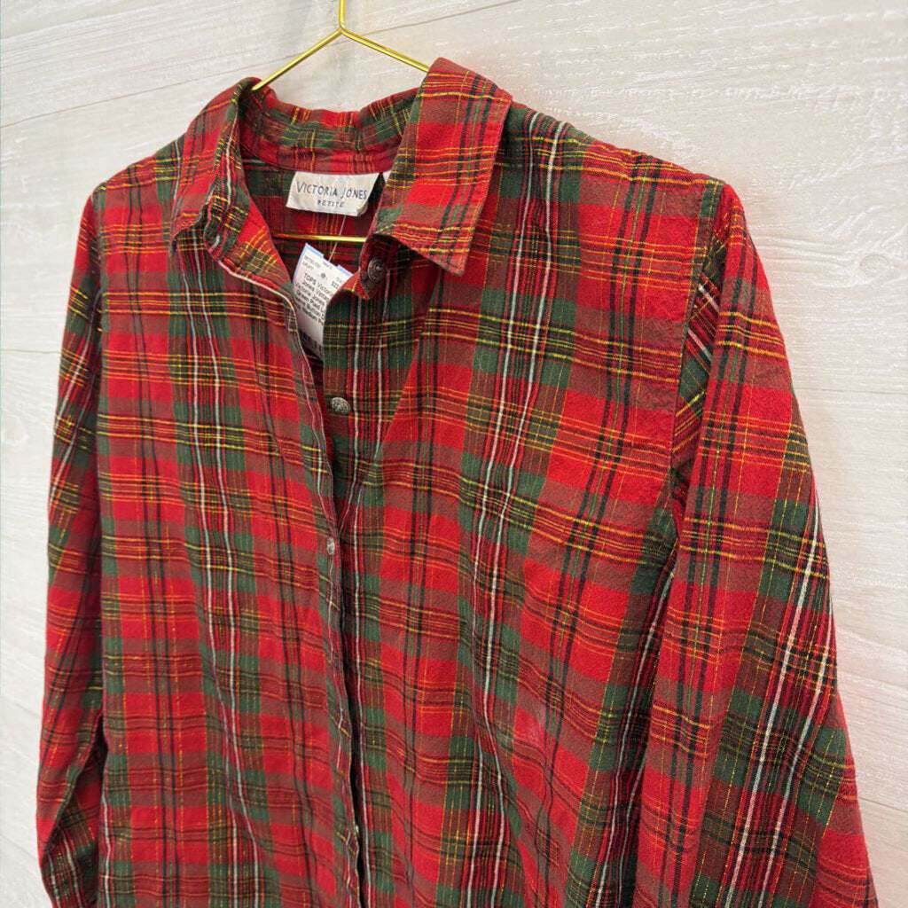 Vintage Victoria Jones Red/ Green Plaid Long Sleeve Button Down Top Medium Petite