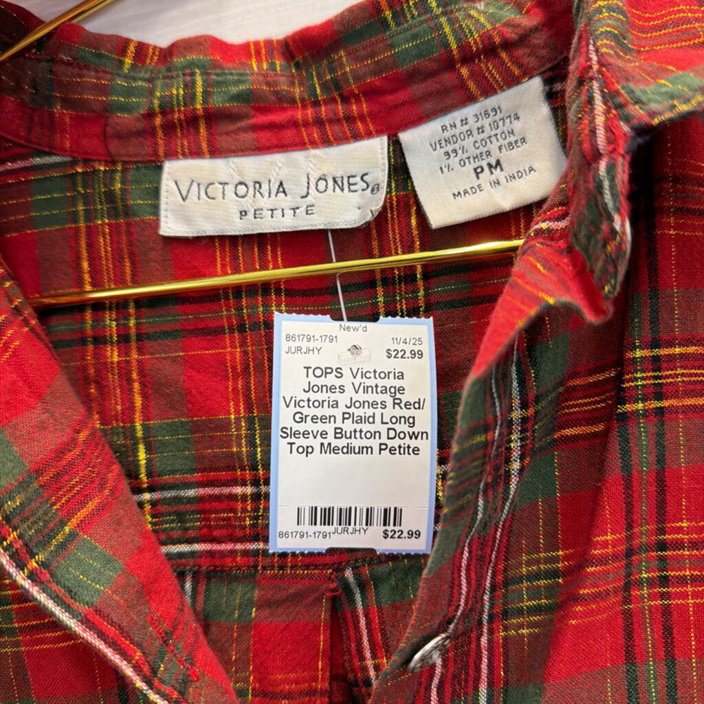 Vintage Victoria Jones Red/ Green Plaid Long Sleeve Button Down Top Medium Petite