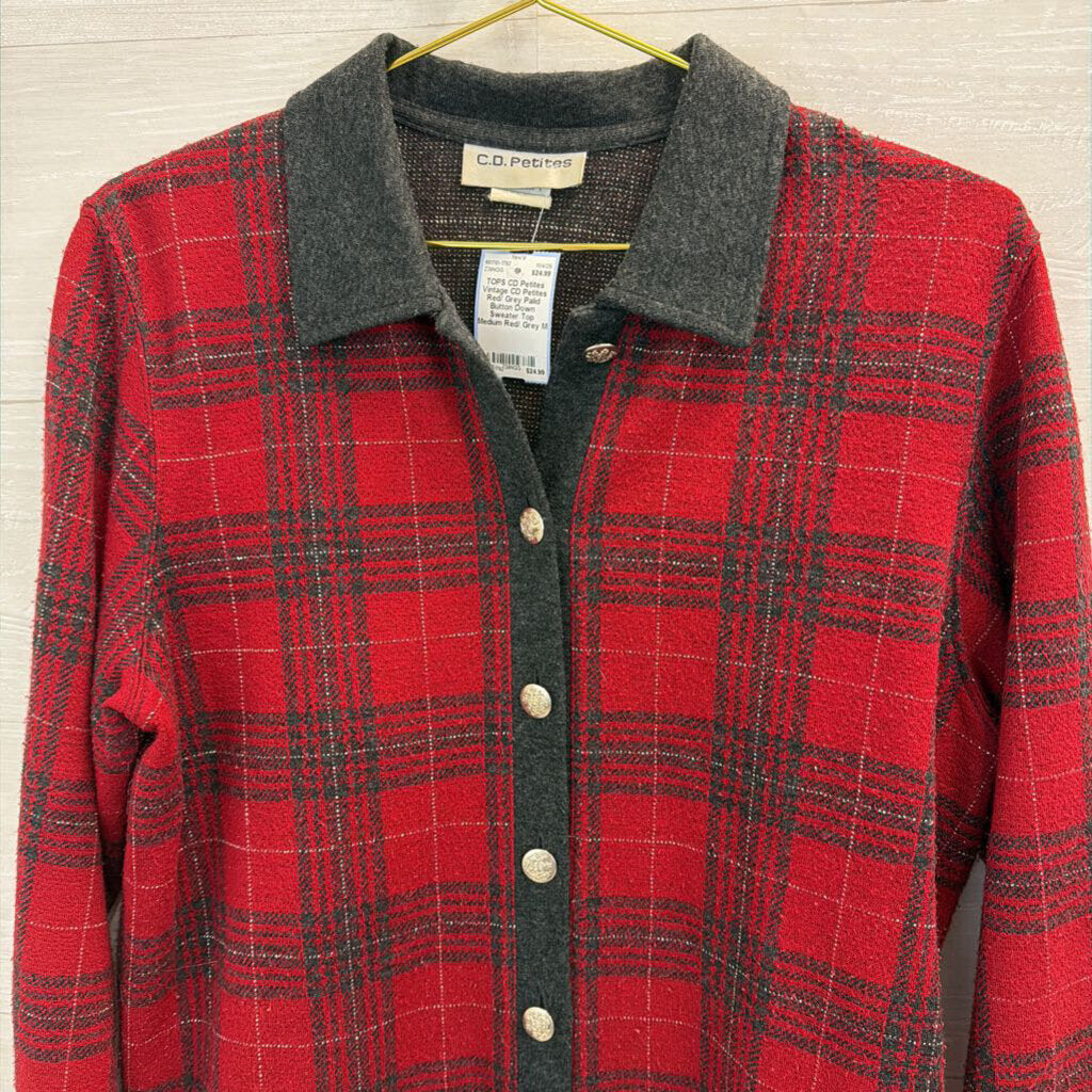 Vintage CD Petites Red/ Grey Palid Button Down Sweater Top Medium