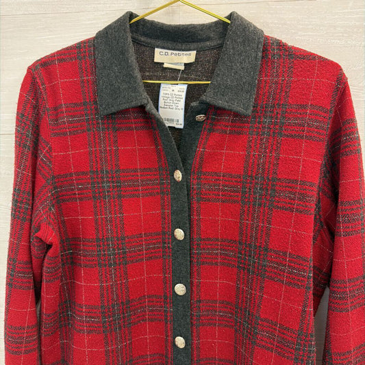 Vintage CD Petites Red/ Grey Palid Button Down Sweater Top Medium