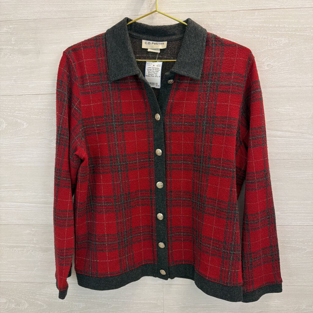 Vintage CD Petites Red/ Grey Palid Button Down Sweater Top Medium