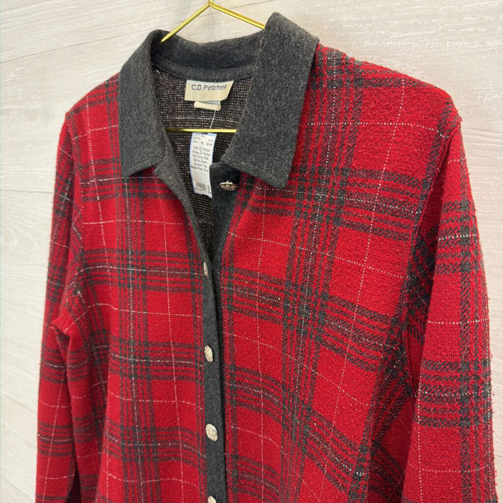 Vintage CD Petites Red/ Grey Palid Button Down Sweater Top Medium
