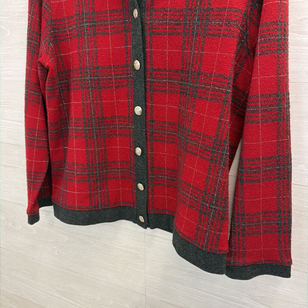 Vintage CD Petites Red/ Grey Palid Button Down Sweater Top Medium