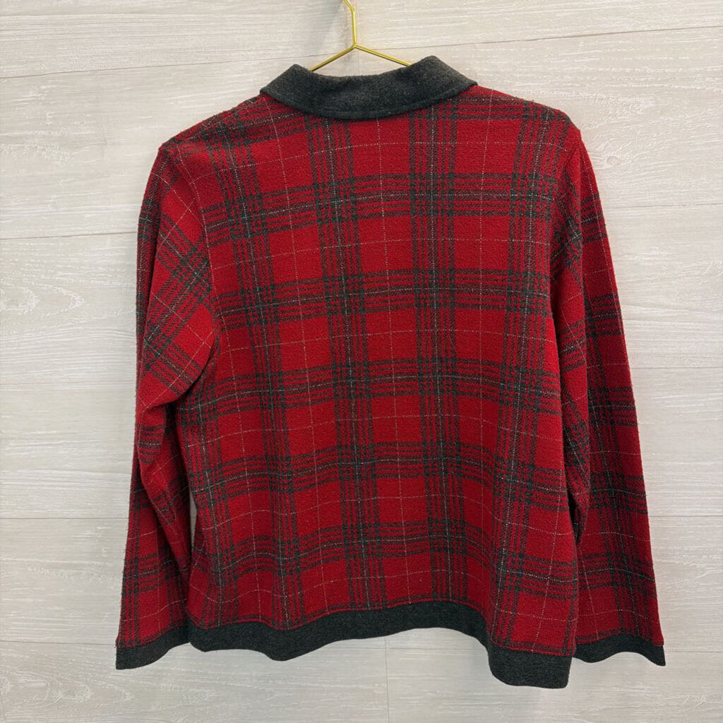 Vintage CD Petites Red/ Grey Palid Button Down Sweater Top Medium