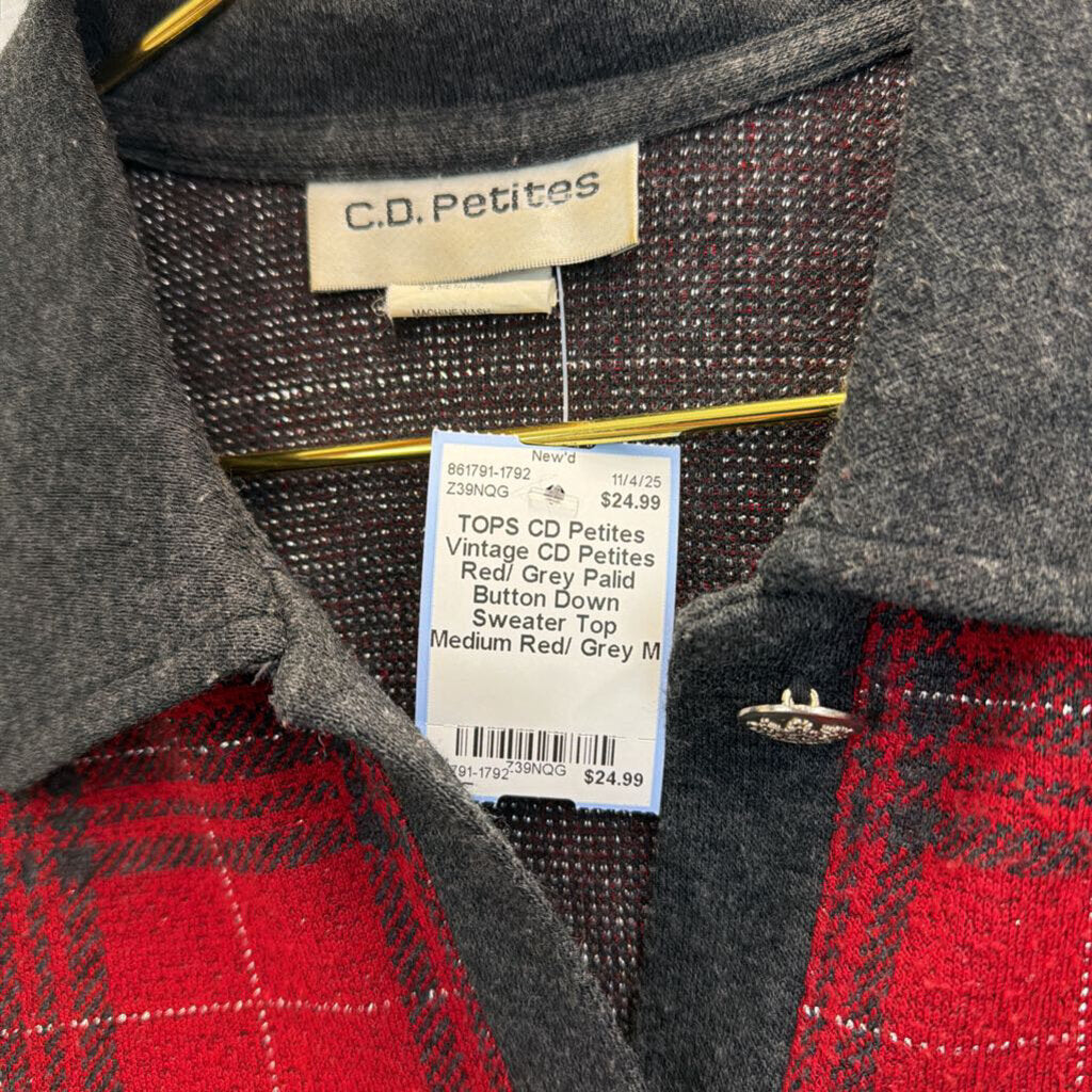 Vintage CD Petites Red/ Grey Palid Button Down Sweater Top Medium