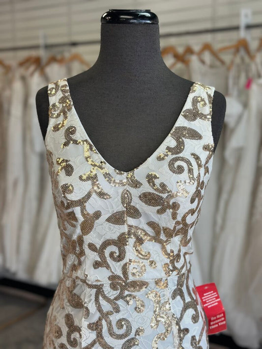 City Triangles White/ Gold Lace Sequin Print Long Formal Dress 7