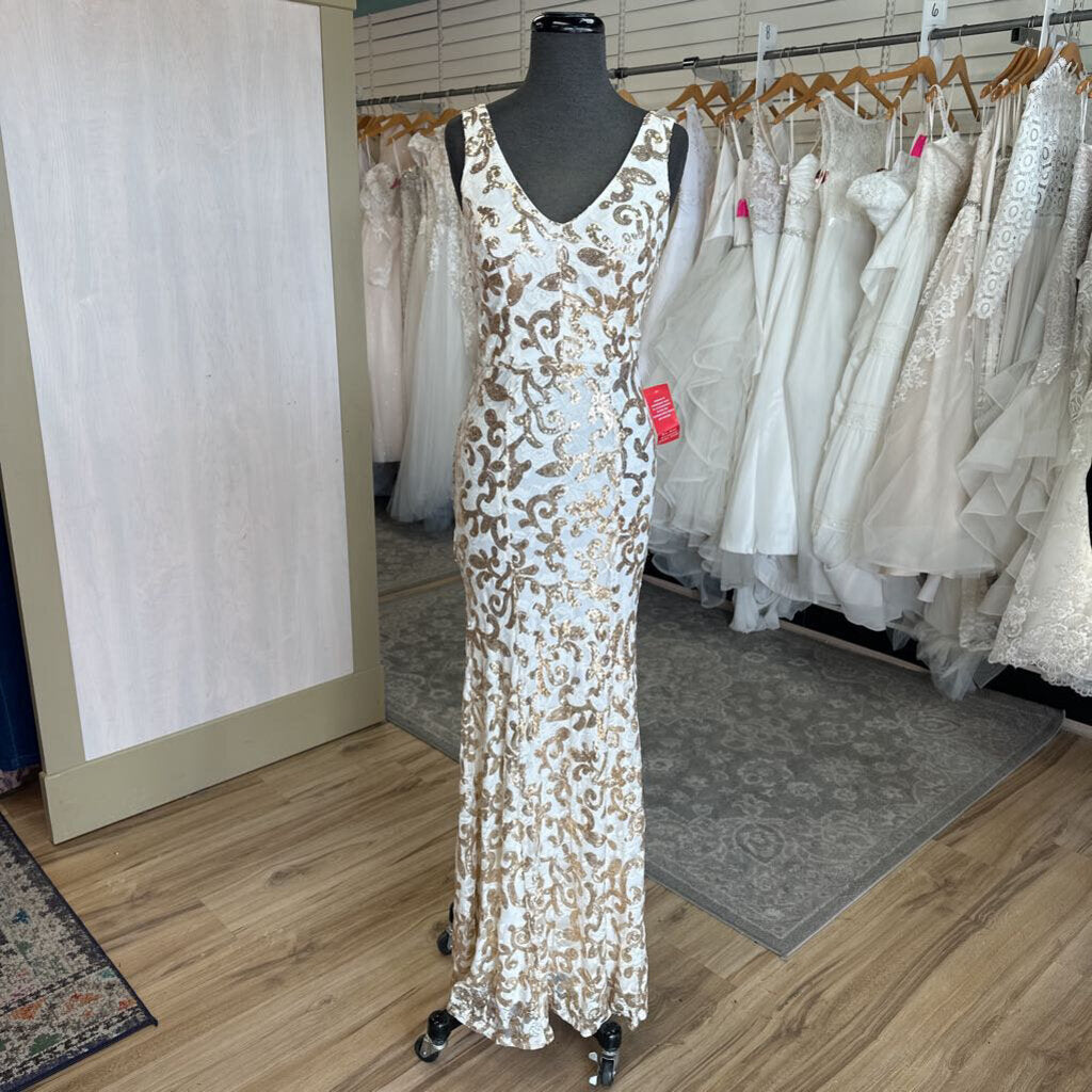 City Triangles White/ Gold Lace Sequin Print Long Formal Dress 7