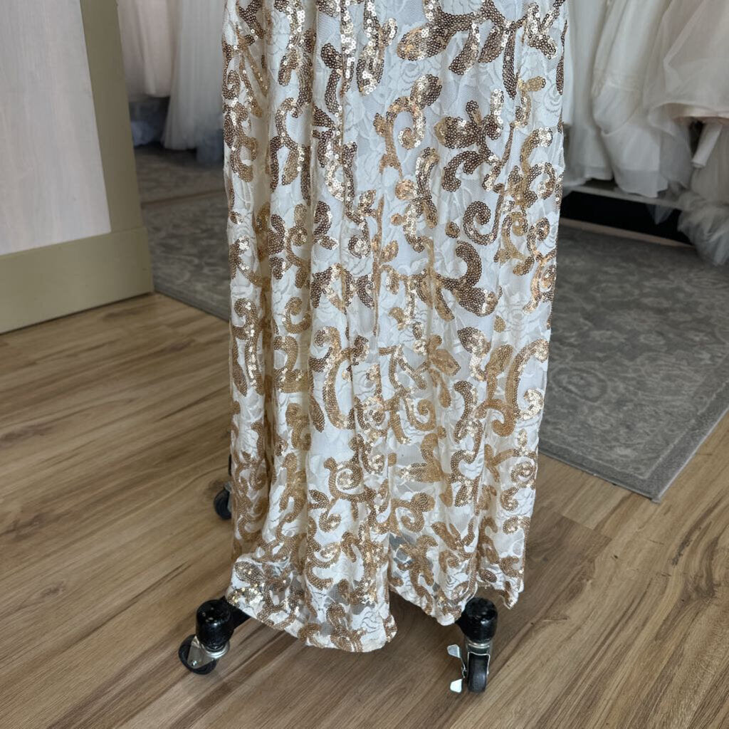 City Triangles White/ Gold Lace Sequin Print Long Formal Dress 7