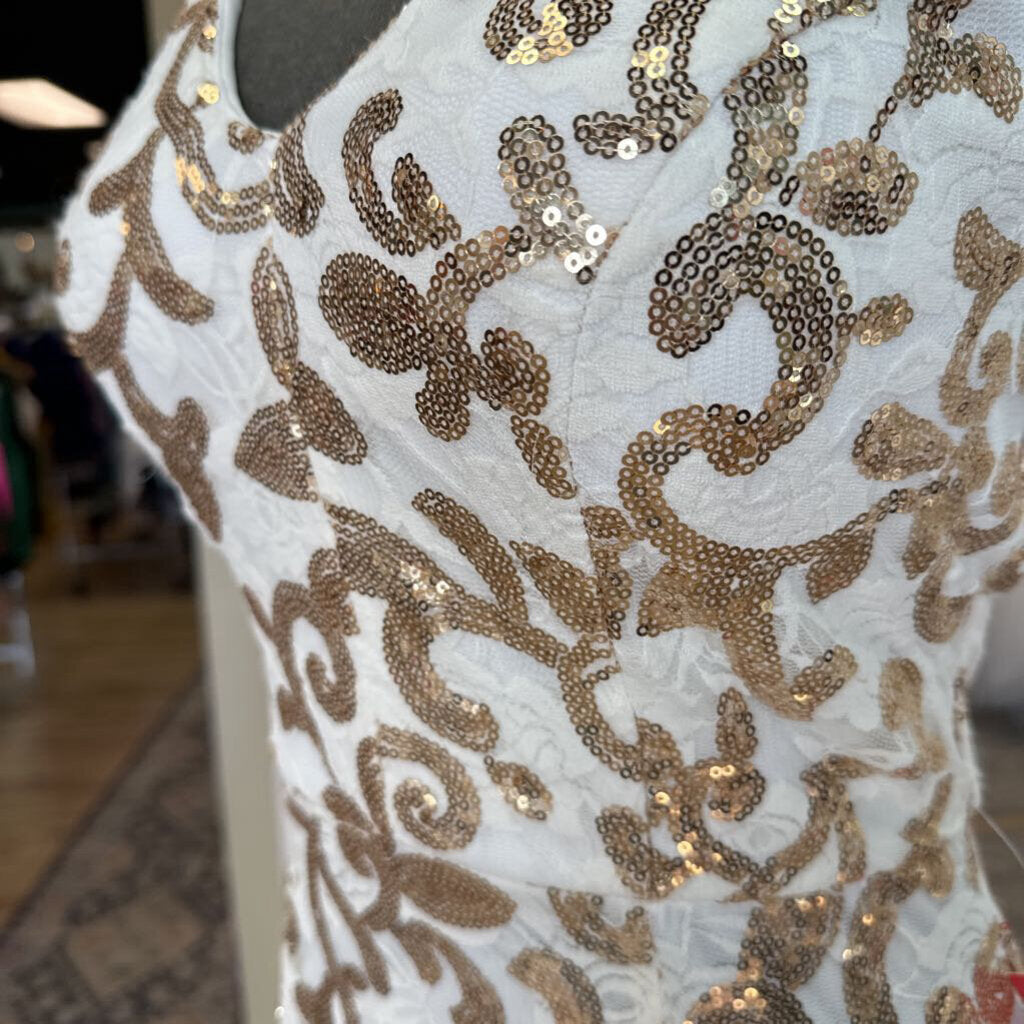 City Triangles White/ Gold Lace Sequin Print Long Formal Dress 7