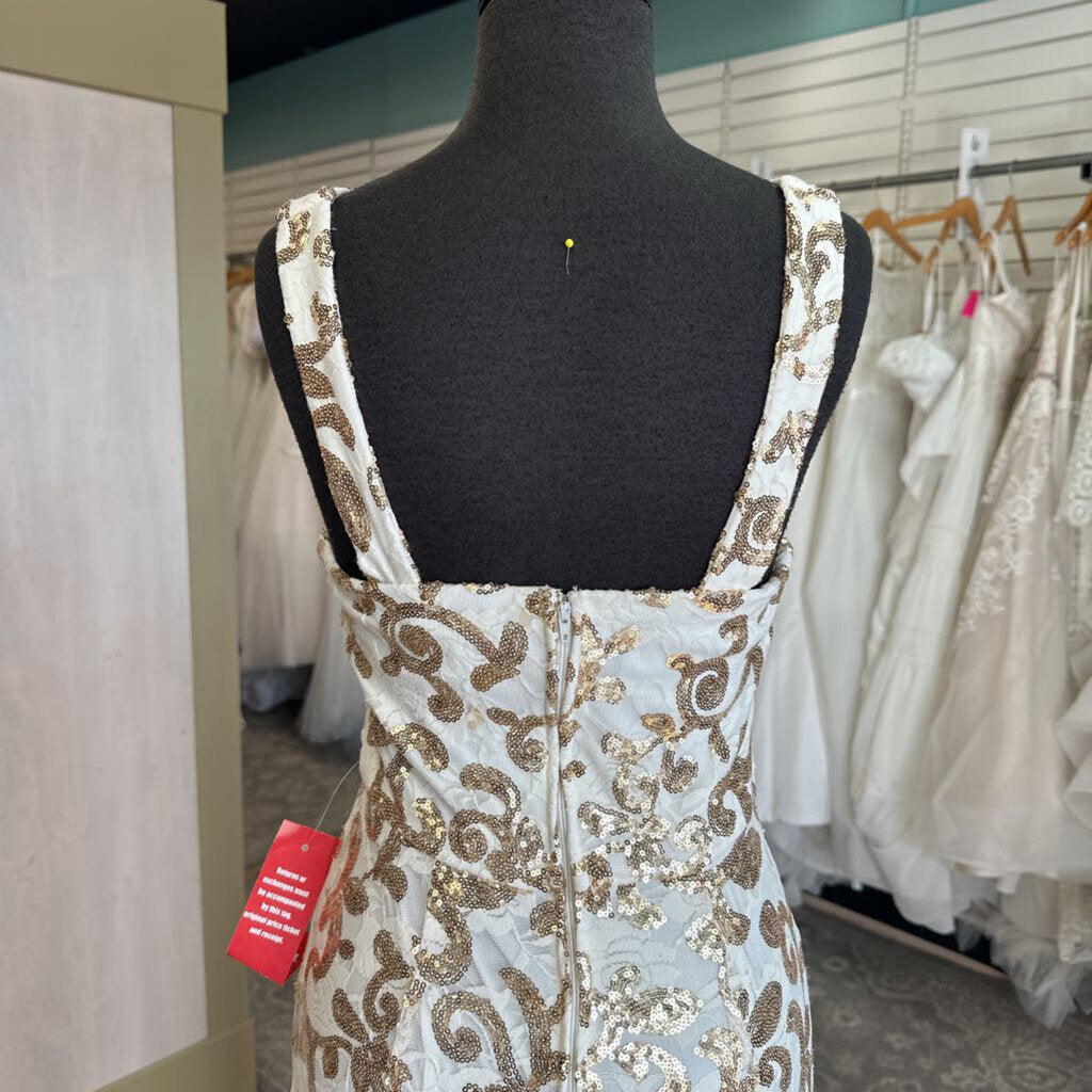 City Triangles White/ Gold Lace Sequin Print Long Formal Dress 7