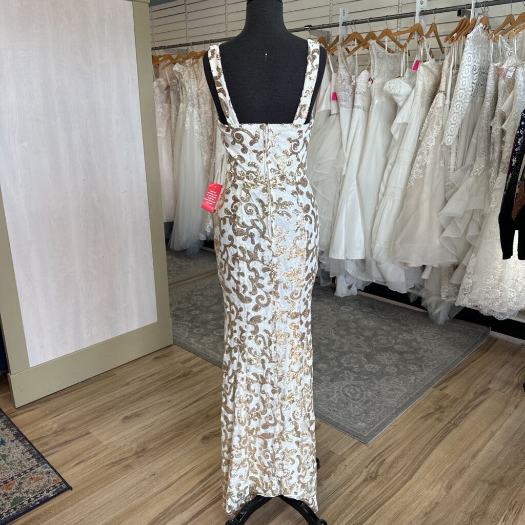 City Triangles White/ Gold Lace Sequin Print Long Formal Dress 7