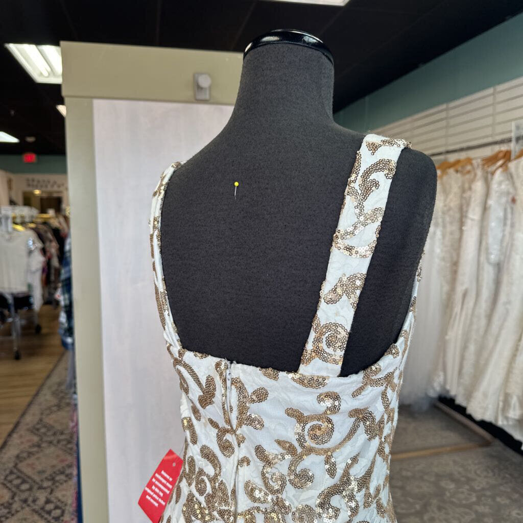 City Triangles White/ Gold Lace Sequin Print Long Formal Dress 7