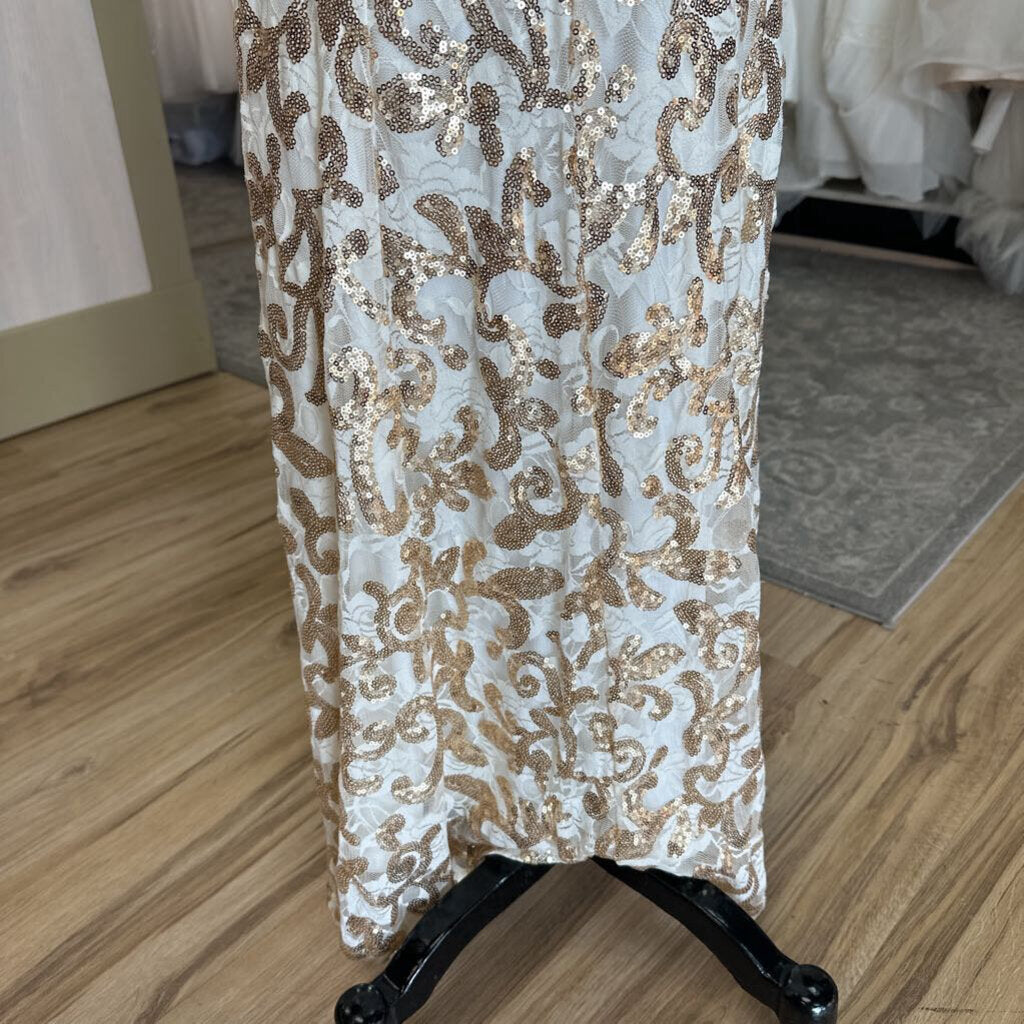 City Triangles White/ Gold Lace Sequin Print Long Formal Dress 7