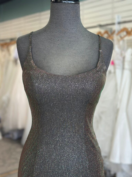 Clarisse Black/ Multi Iridescent Shimmer Lace Up Detail Long Formal Dress 2