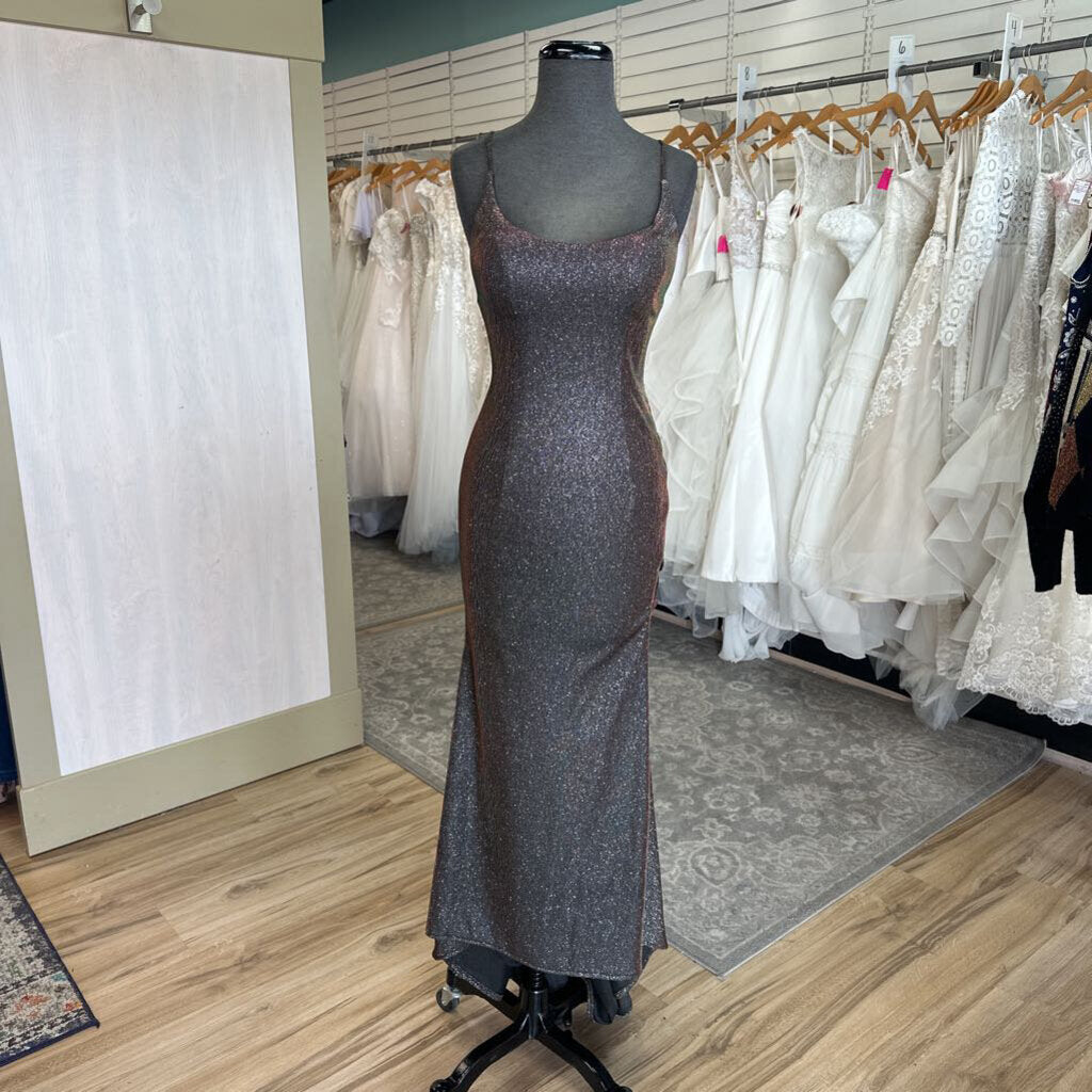 Clarisse Black/ Multi Iridescent Shimmer Lace Up Detail Long Formal Dress 2