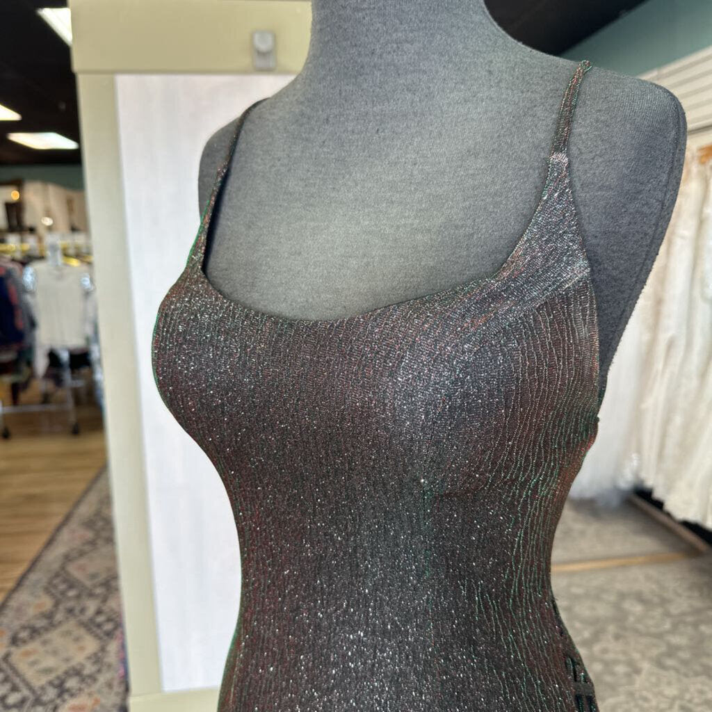 Clarisse Black/ Multi Iridescent Shimmer Lace Up Detail Long Formal Dress 2