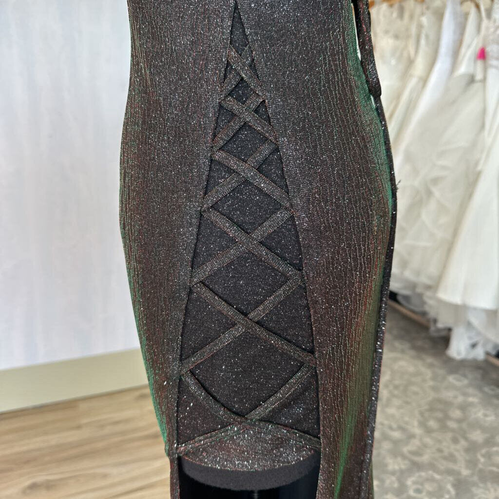 Clarisse Black/ Multi Iridescent Shimmer Lace Up Detail Long Formal Dress 2