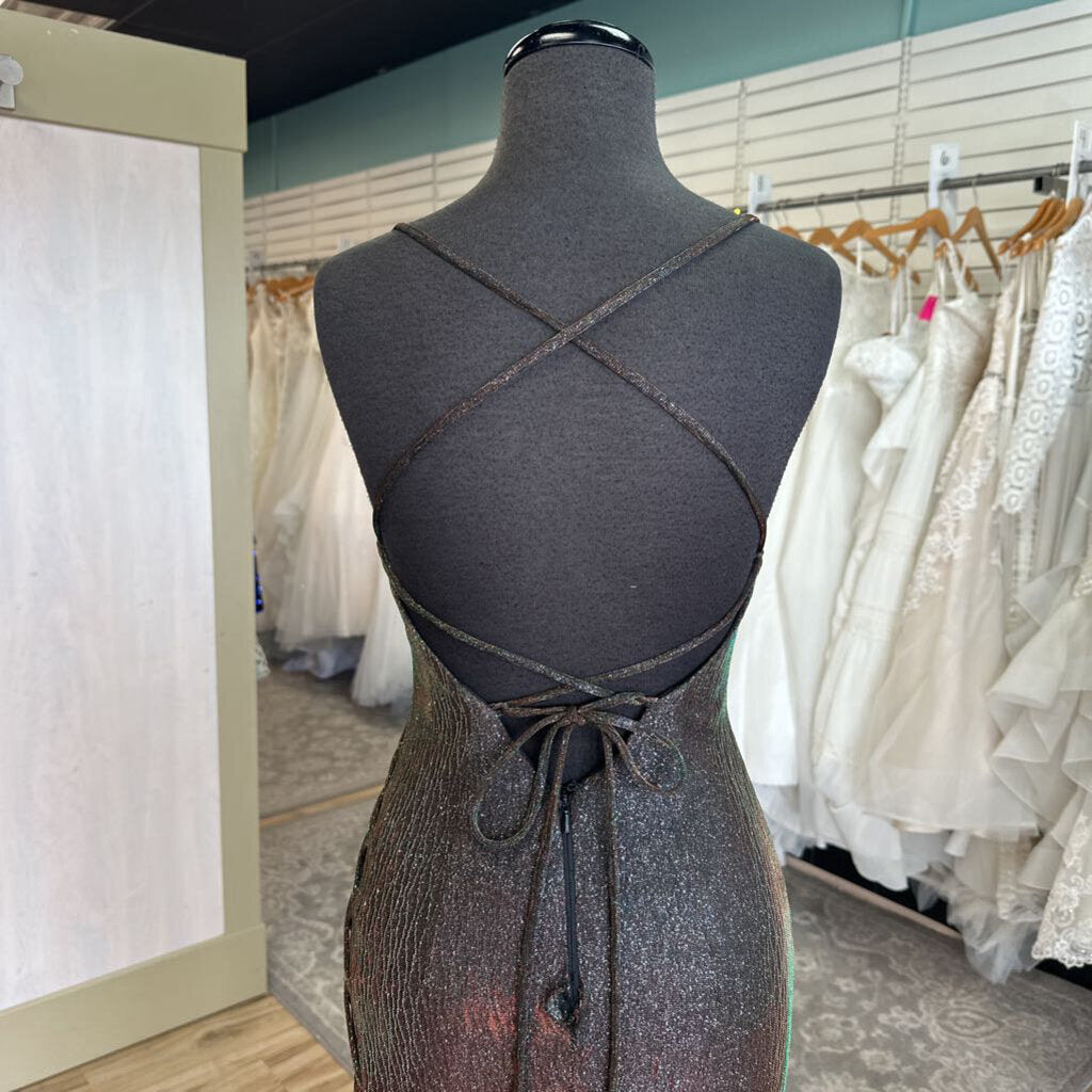 Clarisse Black/ Multi Iridescent Shimmer Lace Up Detail Long Formal Dress 2