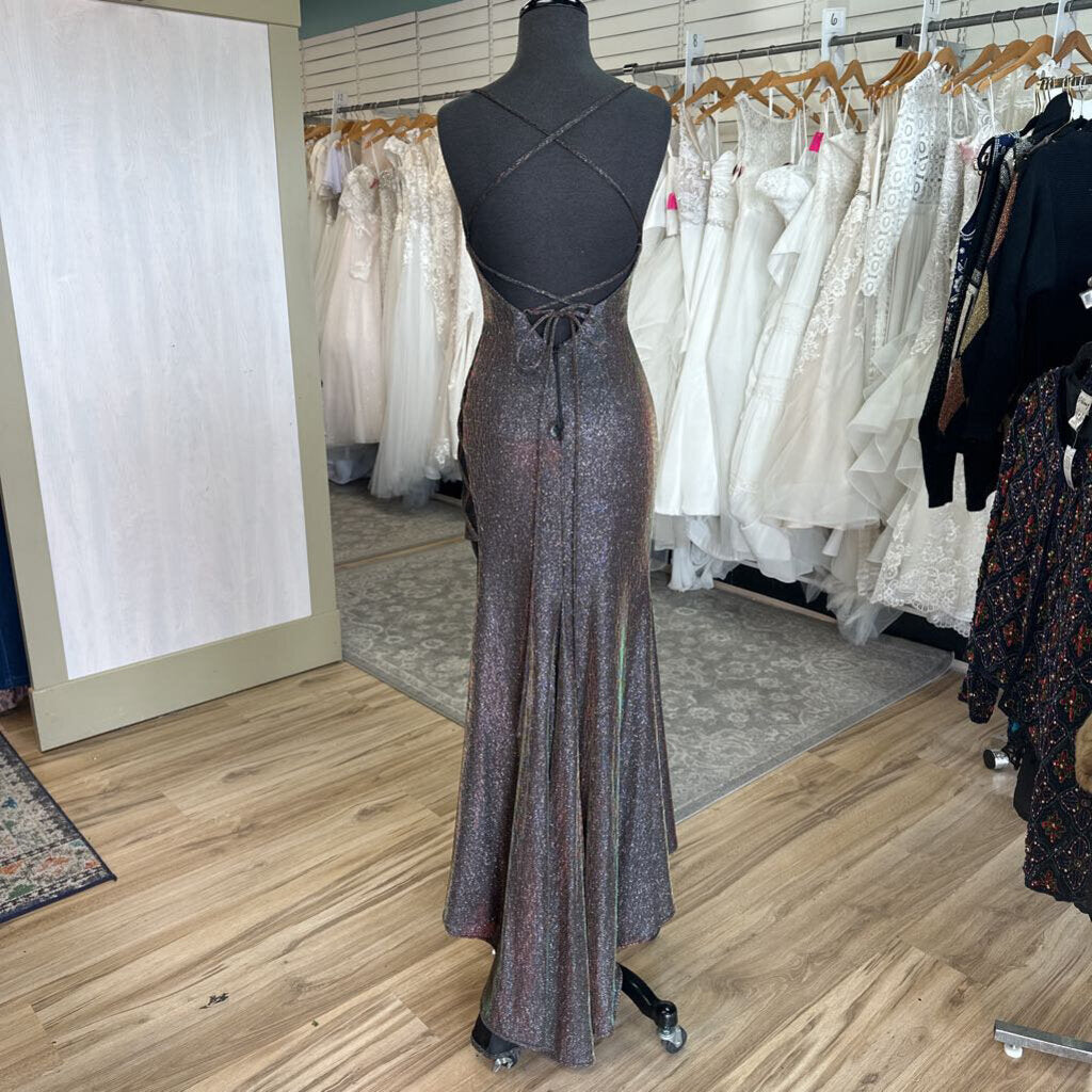 Clarisse Black/ Multi Iridescent Shimmer Lace Up Detail Long Formal Dress 2