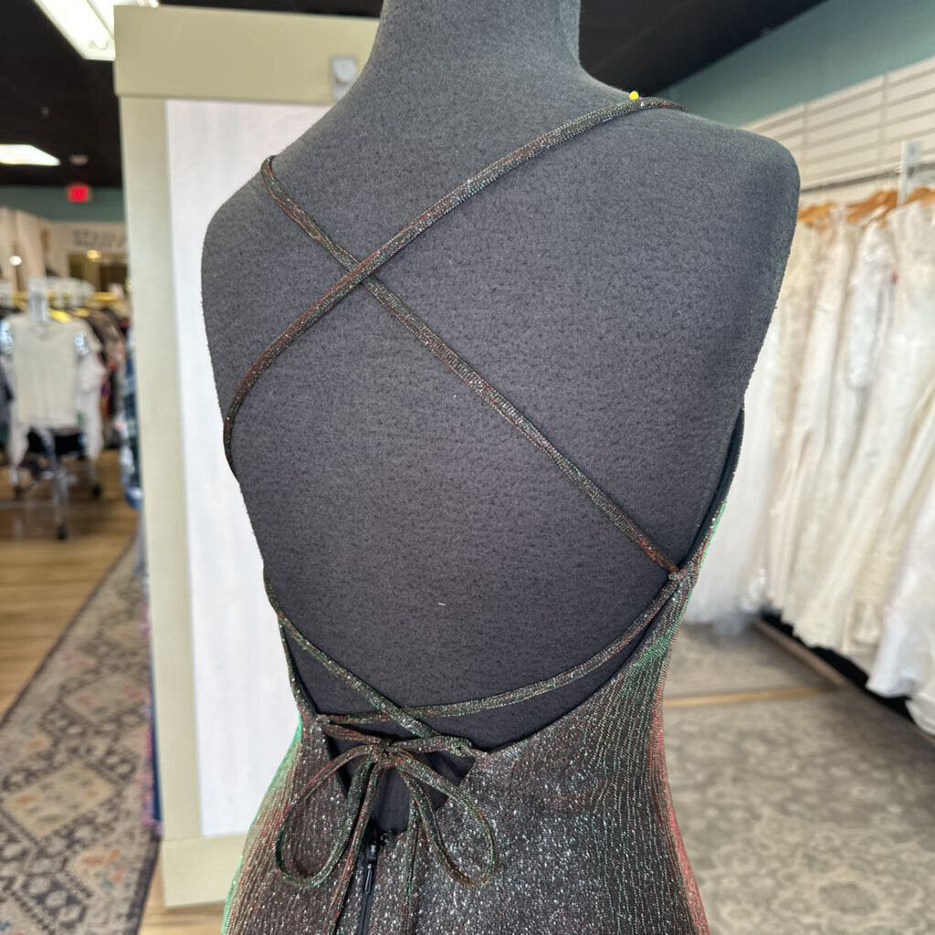 Clarisse Black/ Multi Iridescent Shimmer Lace Up Detail Long Formal Dress 2