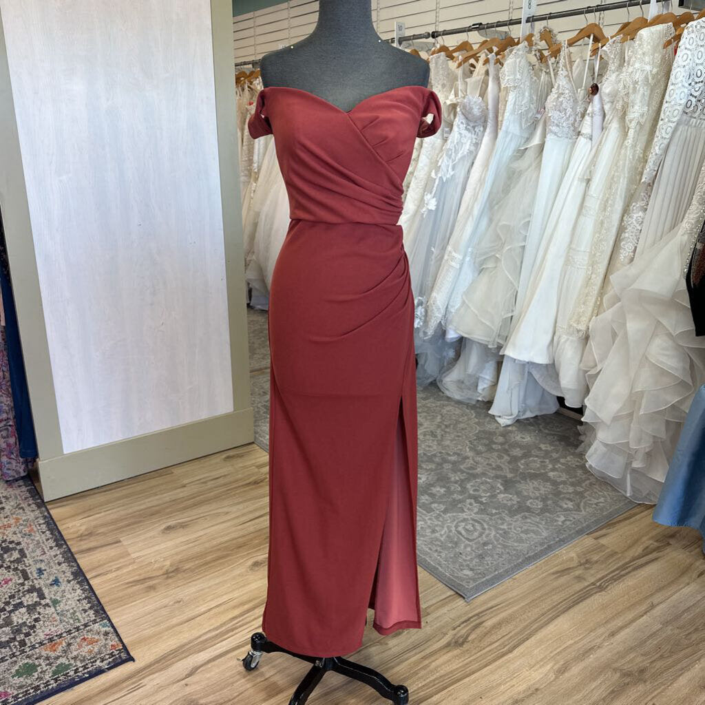 DB Studio Burnt Orange Off Shoulder Long Formal Dress 10