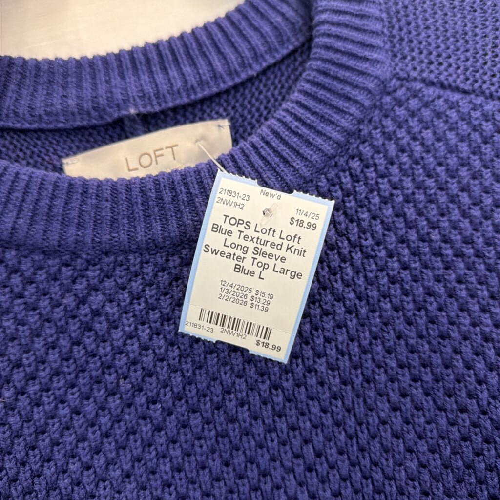 Loft Blue Textured Knit Long Sleeve Sweater Top Large